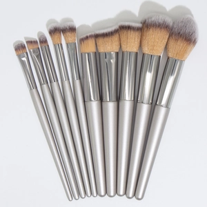 Set of 11 professional silver handle makeup brushes with brown and white gradient bristles