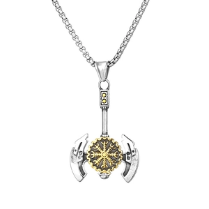 Silver Viking axe pendant necklace with golden Vegvisir symbol on a boxed chain