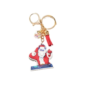 Portachiavi Babbo Natale DJ di Natale con ciondolo in legno, nappa rossa e stella