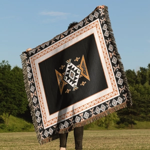 Close-up of geometric pattern weave and colorful tassels on Bohemian camping blanket