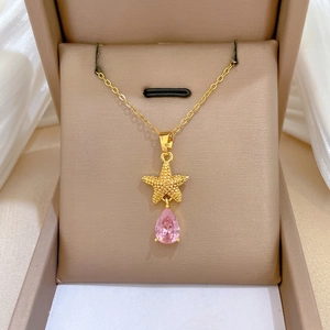 Starfish Pendant Necklace Pink Waterdrop Zircon Stainless Steel Chain Copper Micro Inlaid Elegant Women Jewelry
