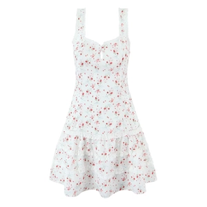 Mini Vestido Liso Floral Ribete De Encaje Tirantes De Camisola Falda Con Volantes Escalonados Escote Corazón Poliéster Verano Sin Mangas Casual Mujer