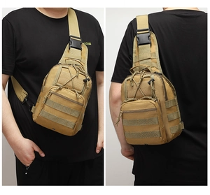 Detail view of khaki tactical chest bag showing MOLLE system and adjustable straps
