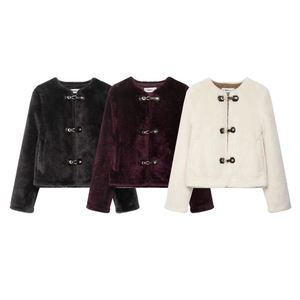 Veste En Fausse Fourrure Femme Manteau Court Col Rond Manches Longues Fermoir Métallique Chaud Doux Casual Couleur Unie