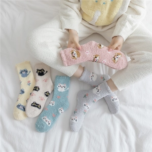 Thick coral fleece cat socks for women, warm fuzzy winter sleep socks in various colors