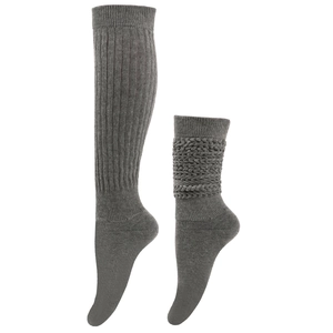 Close-up of dark grey thick rib knit slouch socks texture and high elasticity material