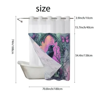 Detailed size chart for the gothic waffle shower curtain with raven and skull patterns