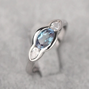 Marquise Blue Zircon Ring Geometric Copper Silver Plated Three Stone Bezel Setting Vintage Style For Women