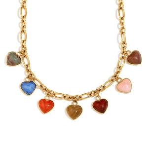 Gold stainless steel chain necklace with seven multi-colored marble heart pendants