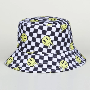 Checkered smile bucket hat for sun protection with a melting yellow smiley pattern