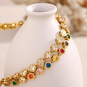Luxury 18K gold plated stainless steel bracelet with colorful round zirconia stones