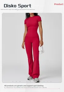 Slim fit red brushed yoga set featuring short sleeve t-shirt and high waist flared pants