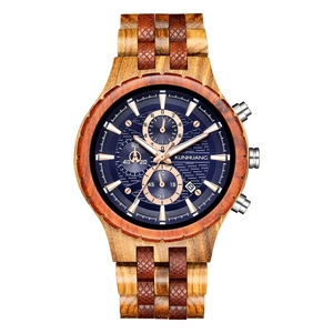 Montre chronographe à quartz pour hommes en bois naturel avec cadran bleu et texture unique