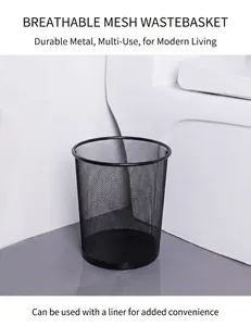 Close-up of black mesh metal wastebasket with durable round ventilated iron structure