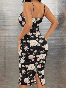 Vestito Midi Con Stampa Floreale Poliestere Spalline Sottili Schiena Scoperta Spacco Bodycon Slim Fit Sexy Estate Donna