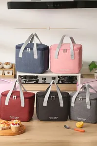 Detail view of five assorted thermal lunch bags with zippers and sturdy top handles