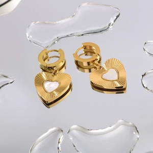 French style 18k gold plated stainless steel heart earrings with white mother of pearl inlay