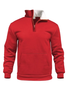 Close-up of red polyester hoodie featuring a half-zip neckline and internal size M label