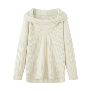 Off-white off-the-shoulder loose knit sweater with elegant ribbed texture for women