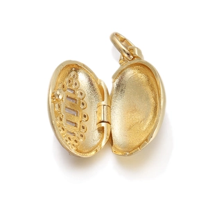 Detail of openable 18K gold-plated oval locket pendant with interior texture and ring