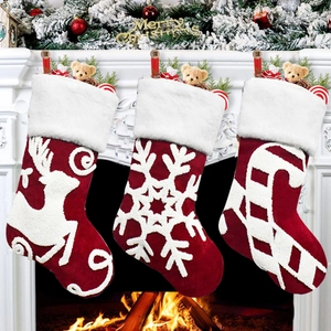 Red Velvet Christmas Stocking Gift Bag With Embroidery Reindeer Snowflake Candy Cane Pattern Hanging Holiday Decoration