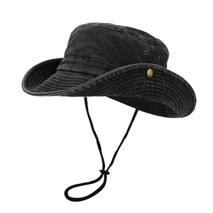 Outdoor wide brim sun hat in washed black canvas with adjustable chin strap and metal eyelets