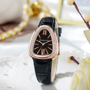 Elegant snakehead shaped women's quartz watch with crystal bezel and black leather strap