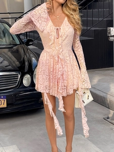 Vue détaillée de la robe courte en dentelle rose avec col en V et motifs floraux