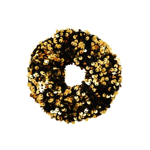 Sparkly black scrunchie with gold sequins for women, festive and elastic hair accessory