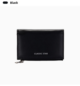 Detail view of premium black leather card holder with Classic Star logo and zip closure