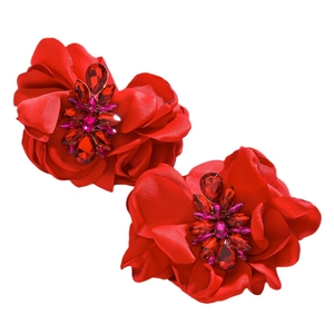 Exaggerated red fabric camellia earrings featuring sparkling rhinestone floral centers