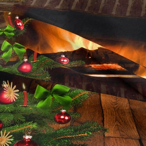 Detailed Christmas tapestry print featuring a cozy fireplace, candles, and pine needles