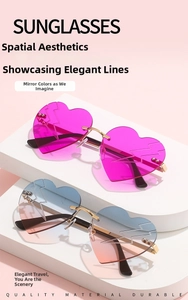 Detail of rimless heart-shaped sunglasses with stylish lightning cut-edge gradient lenses