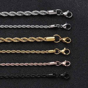 Polished stainless steel twist rope chains in silver gold black and rose gold finishes
