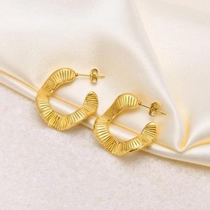 Stainless Steel Hoop Earrings French Vintage Twisted Braided Textured Gold Plated C Shaped Studs For Women