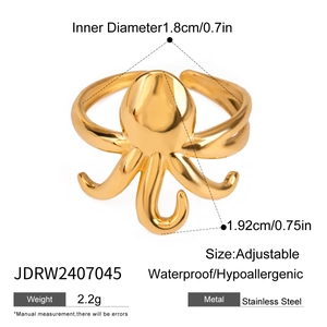 Detail showing dimensions of gold octopus stainless steel adjustable ring with specifications