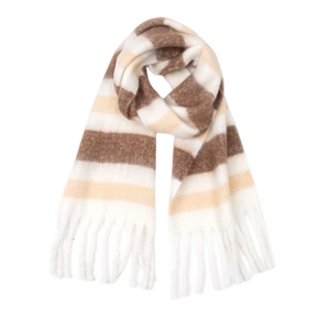 Cozy striped mohair-like winter scarf with thick tassels in brown and cream colors