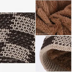 Plaid winter knit beanie with warm fleece lining and brown checkerboard pattern