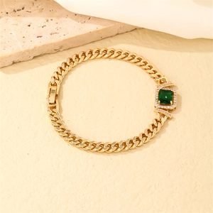 Gold plated stainless steel Cuban link bracelet with rectangle green zircon stone