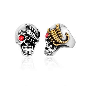 Gothic stainless steel skull and scorpion ring with red gem eyes in silver and gold finish