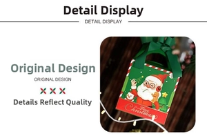 Detail of Christmas gift box with green silk handle and festive Santa illustration