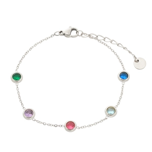 Elegant silver stainless steel bracelet featuring five colorful round-cut gemstones for women
