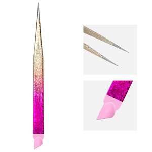 Detail view of pink gradient nail tweezers with precision tip and silicone pressing tool