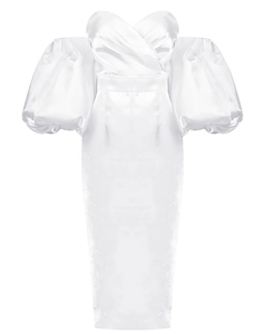 Detailed view of white off-shoulder satin midi dress featuring dramatic puff sleeves