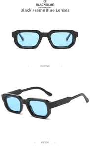 Detail view of square black sunglasses frame with blue lenses from two angles