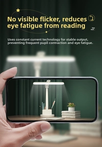 Close-up of eye-care LED desk lamp showing flicker-free light through a phone screen