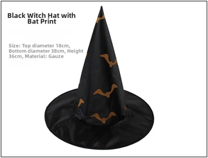 Detailed Halloween witch hat size guide featuring gold bat prints on black gauze material