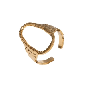 Minimalist gold oval hammered stainless steel open ring with a vintage metal texture