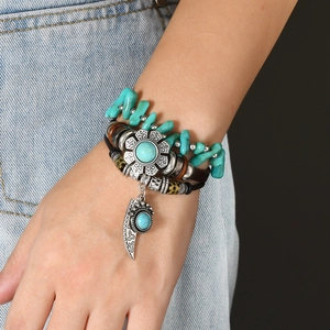 Bohemian multi-layer leather bracelet with turquoise beads and silver feather charms