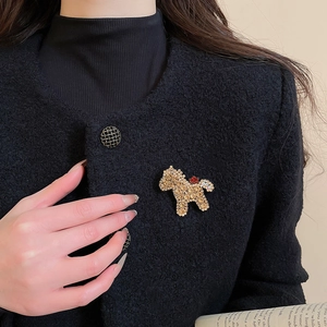 Detail einer funkelnden goldenen Pferdebrosche an einem schwarzen Tweed-Blazer für Damen
